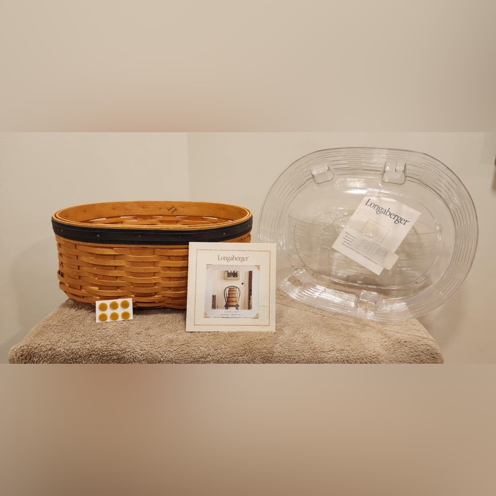 Longaberger Tan and Black Woven Basket with Clear Lid